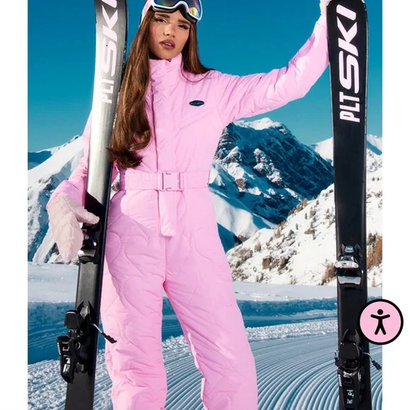 PRETTYLITTLETHING SKI PINK HEART QUILTED BELTED SNOW SUIT - Picture 2 of 3